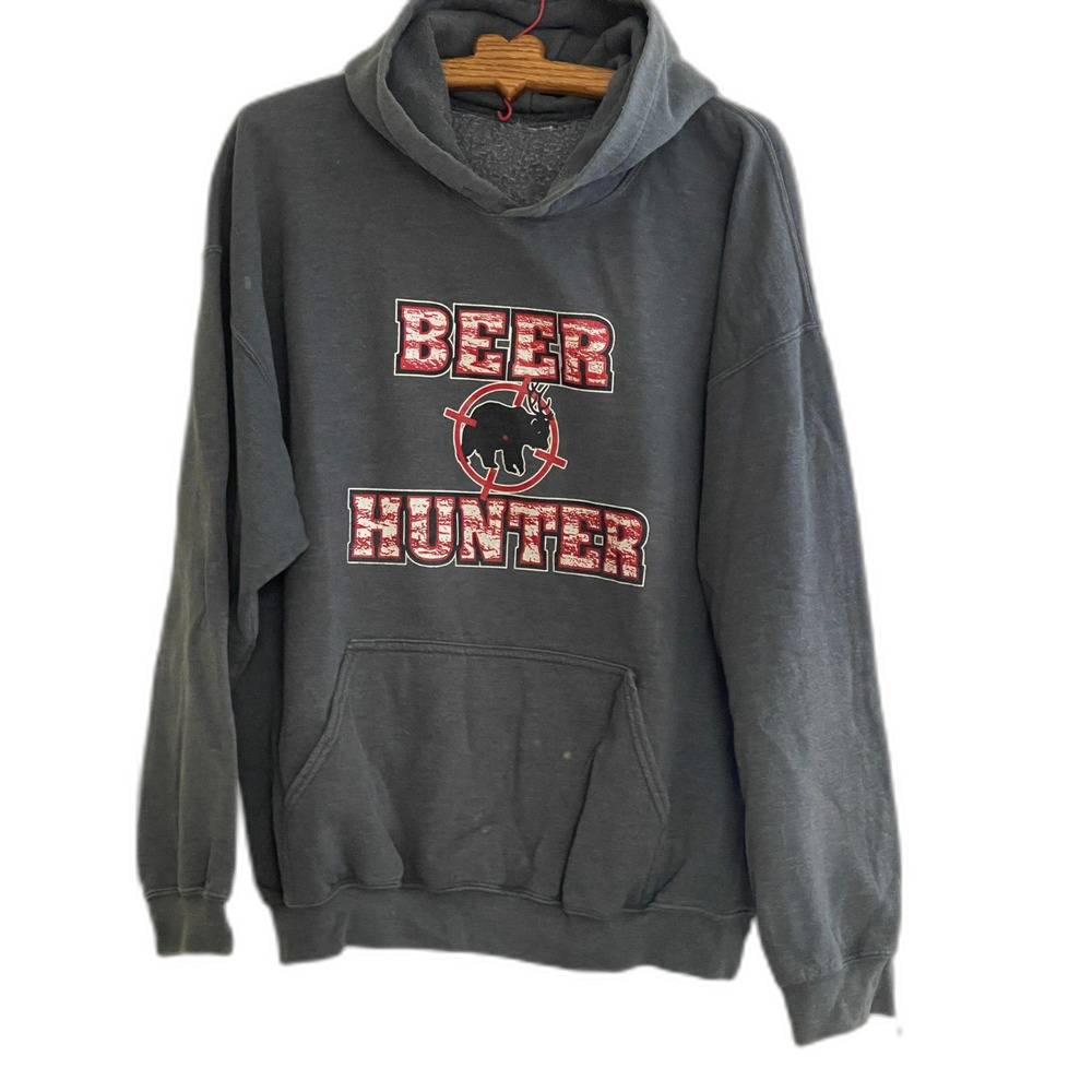 Vintage The Beer Hunter Hoodie Men's Gray Red Pullover Size XL Distressed **READ